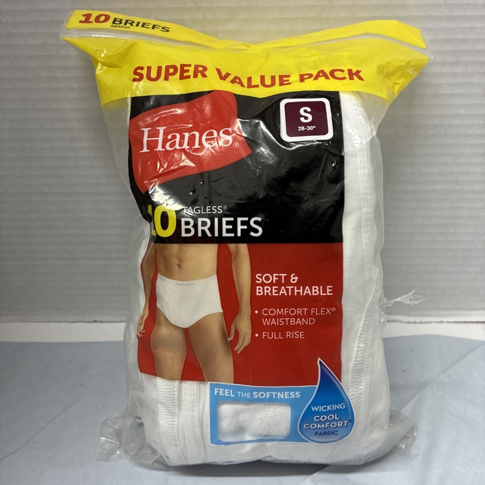 Hanes Men's Tagless Cotton Briefs 10 Pack Size S 28-30" White Moisture Wicking